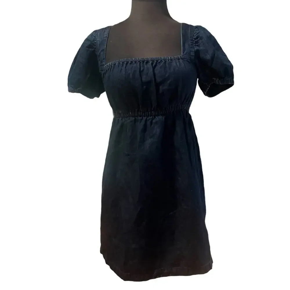 J.Crew Denim Milk Maid Square Neck Puff Sleeve Boho Coquette Babydoll Mini Dress